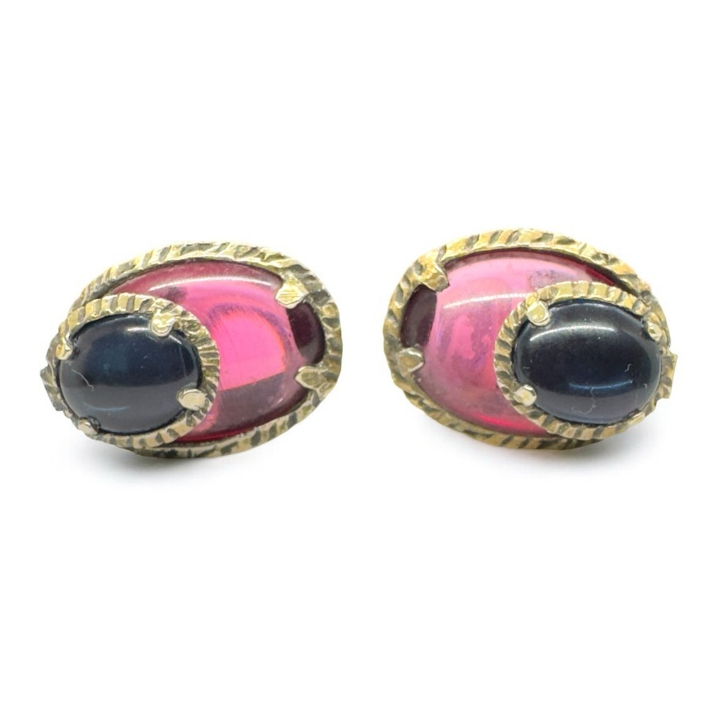 Vintage HTF Trifari Renaissance Cranberry & Blue Poured Glass Clip-On Earrings - Picture 3 of 8